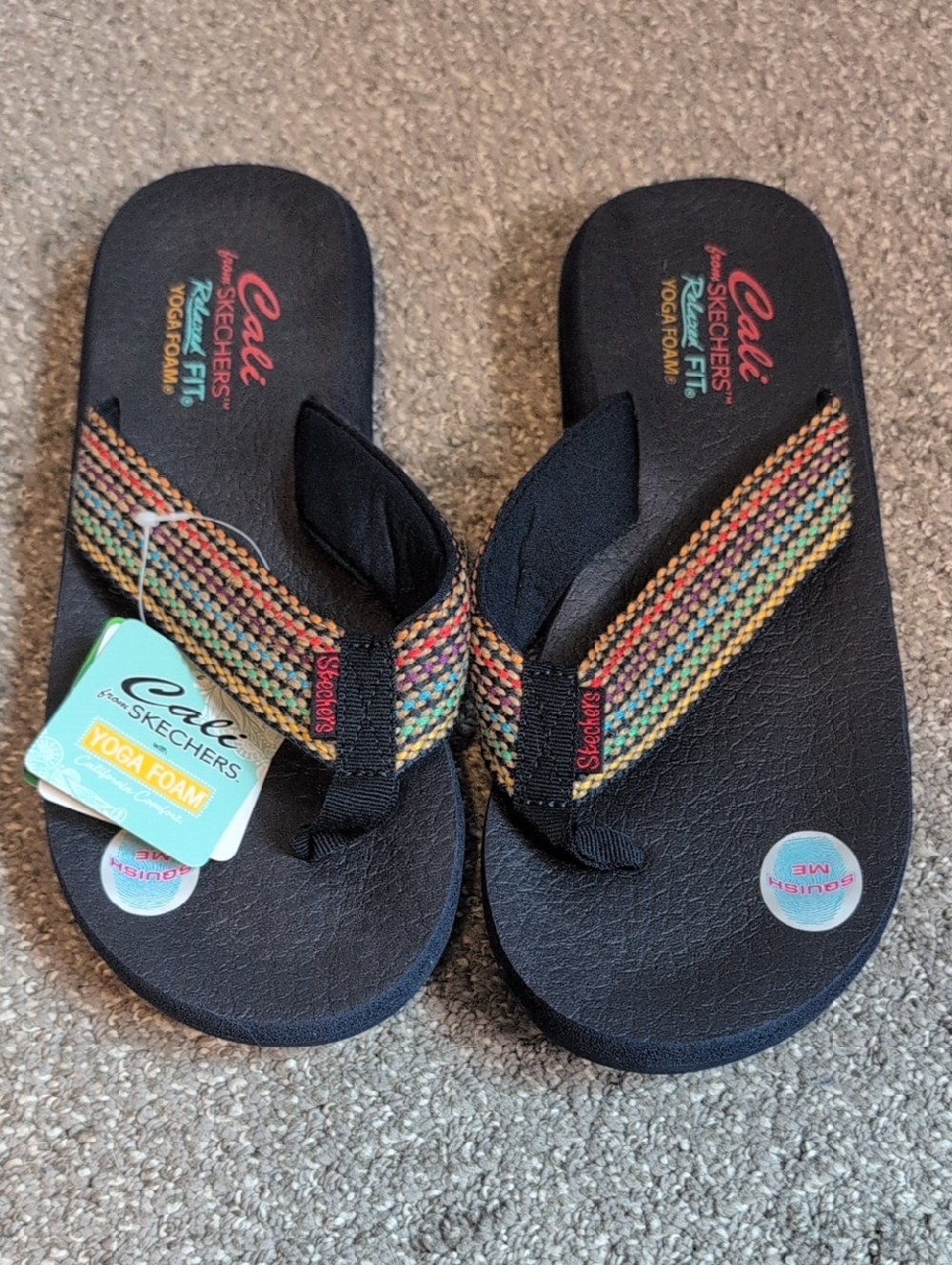 Skechers Womens Navy Yoga Foam Flip Flops with Rainbow Woven Straps